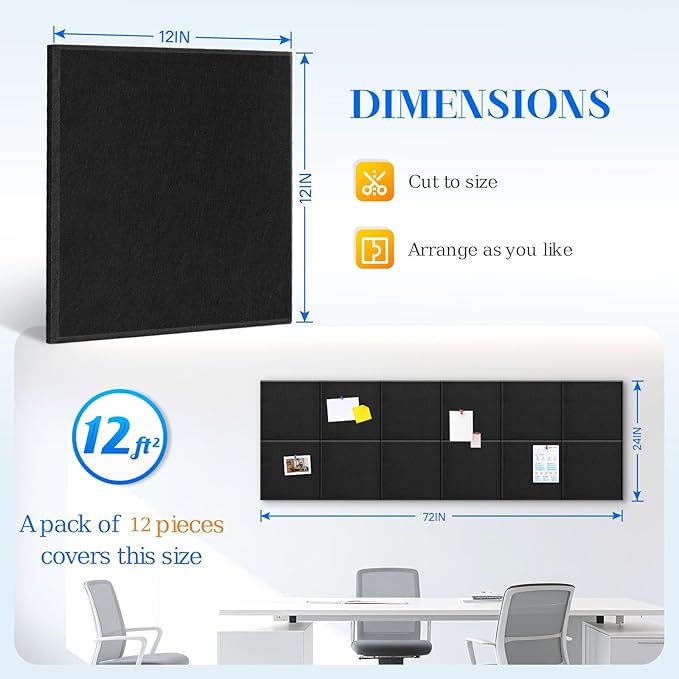 DOLLAR BOSS Large Cork Board for Wall 48" x 36" x 0.5" Bulletin Board 12 Packs Black Cork Board Tiles Self Adhesive Felt Wall Tiles with Pushpins, Corkboard for Office Pin Board Tack Board, Black