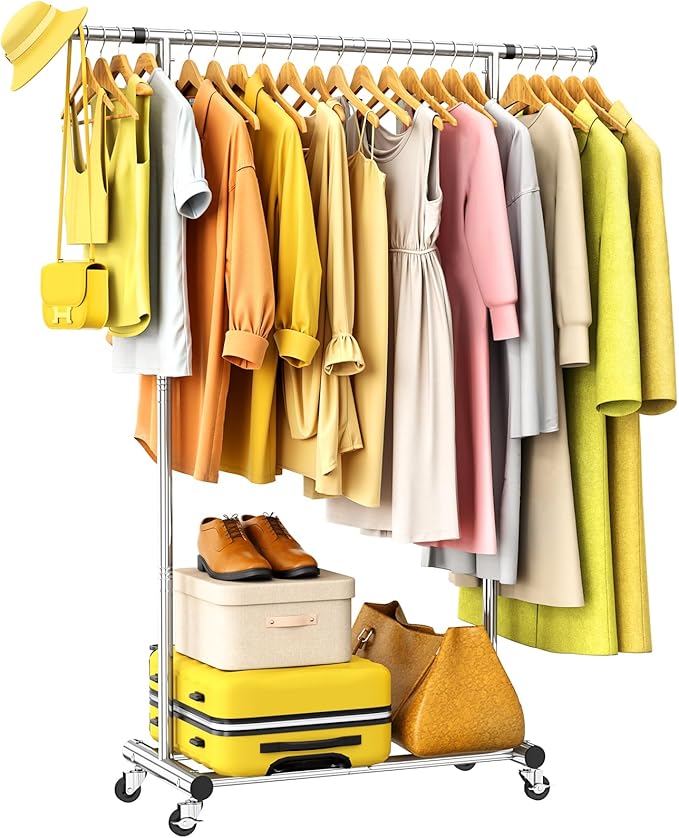 Clothes Rack for Hanging Clothes, Sturdy Stainless Steel Clothing Rack, Portable Garment Rack with Extendable Hanging Rod, Adjustable Rolling Coat Rack with Anti-Slip Wheels for Home Conmercial Store