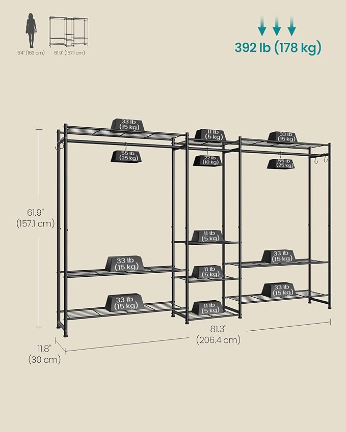 SONGMICS Portable Closet Wardrobe, Heavy-Duty Clothes Rack, Freestanding Clothing Rack with 10 Shelves, 3 Hanging Rods, 4 S‑Hooks, Metal Frame, for Bedroom, Entryway, Living Room, Black ULGR011BZ03S