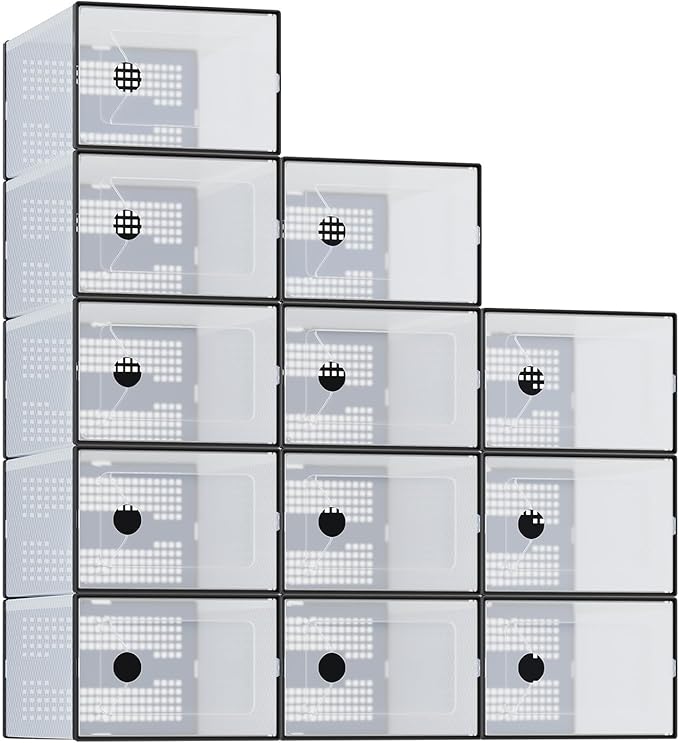 NEWBULIG 24 Clear Shoe Storage Boxes, Shoe Organizer for Closet with Lid, Plastic Stackable Breathable Shoe Cabinet with Lid for Sneakers, Heels & Boots, Black