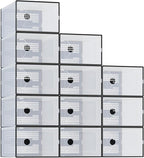 NEWBULIG 24 Clear Shoe Storage Boxes, Shoe Organizer for Closet with Lid, Plastic Stackable Breathable Shoe Cabinet with Lid for Sneakers, Heels & Boots, Black