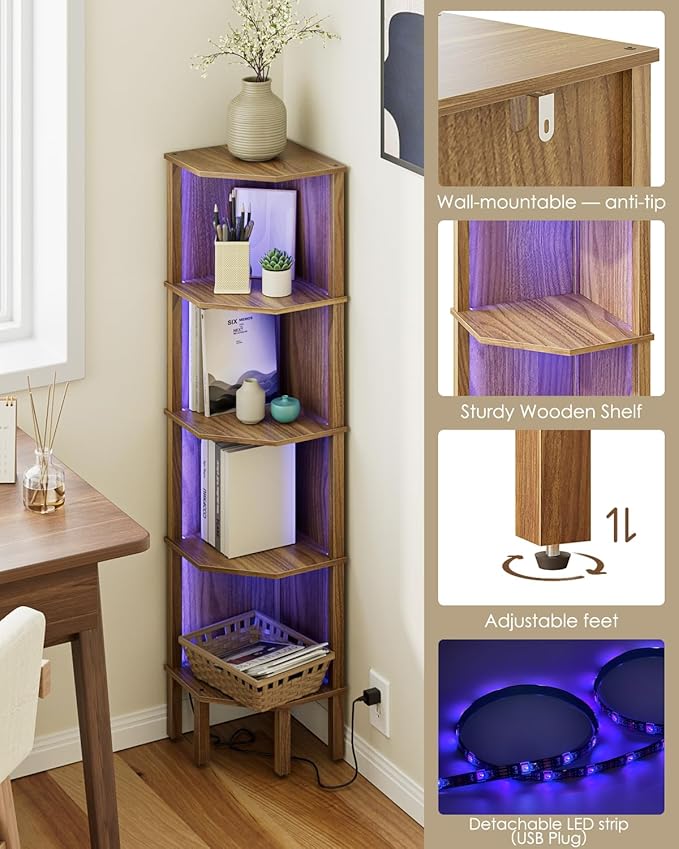 Corner Shelf Stand, 5 Tier Corner Bookshelf,Corner Furniture for Bedroom Display Corner Shelf for Small Space,Wood Shelves with Storage Rack for Living Room,Office,Walnut