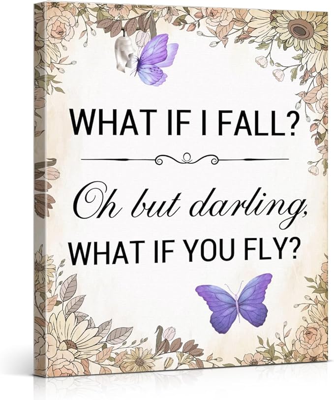 Inspirational Purple Butterfly Wall Art Decor, What If You Fly Motivational Quote Canvas Painting Artwork Picture Posters for Teens Room Bedroom Office (8 X 10 Inches, Framed)