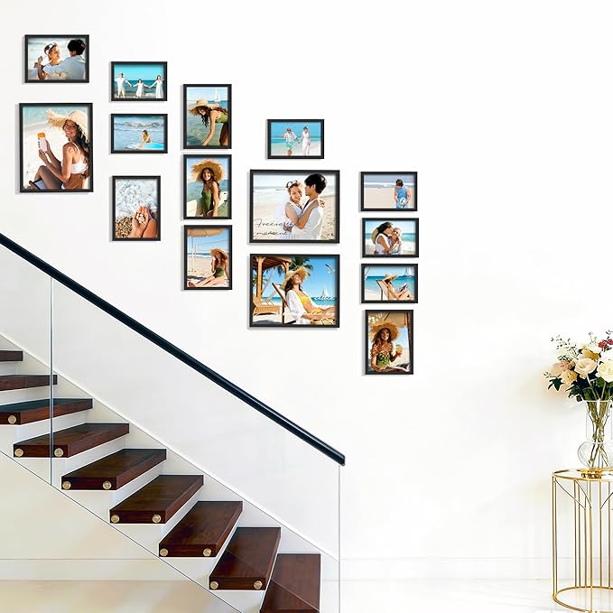 15 Pack Picture Frames Collage Wall Decor, Black Frame Set with 3pcs 8x10, 6pcs 5x7, 6pcs 4x6 for Gallery Display, Wall Mounting & Tabletop, Bulk Photo Frames for Living Room Decor