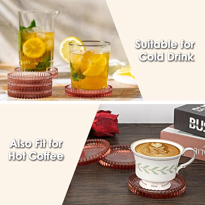 Modern Clear Coaster Set of 5- Glass Coasters for Drinks Crystal Coaster Round Cup Coasters Coffee Table Decor for Office, Kitchen, Bar, Dining Room, Living Room, Patio(Clear Red)
