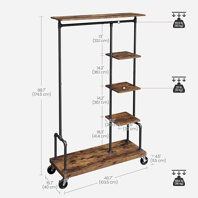 VASAGLE Clothes Rack, Clothing Garment Rack on Wheels, Rolling Clothes Organizer with 5-Tier, Industrial Pipe Style, Rustic Brown UHSR66BX