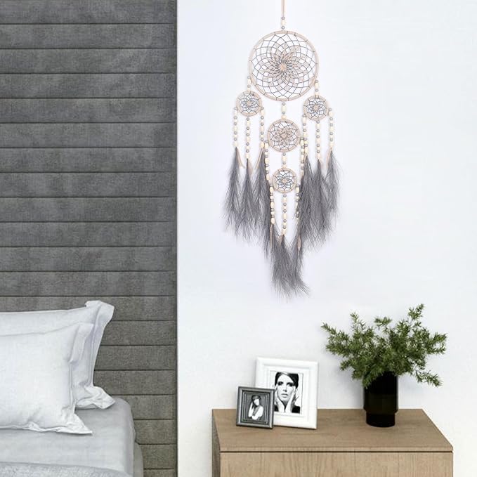 Pretty Jolly Grey Pampas Grass Dream Catchers Wall Decor with Handmade Large Native Americans Witch Dreamcatcher with Wood Beads for Adults Bedroom Wedding Garden Bless Birthday Gift-5 Rings
