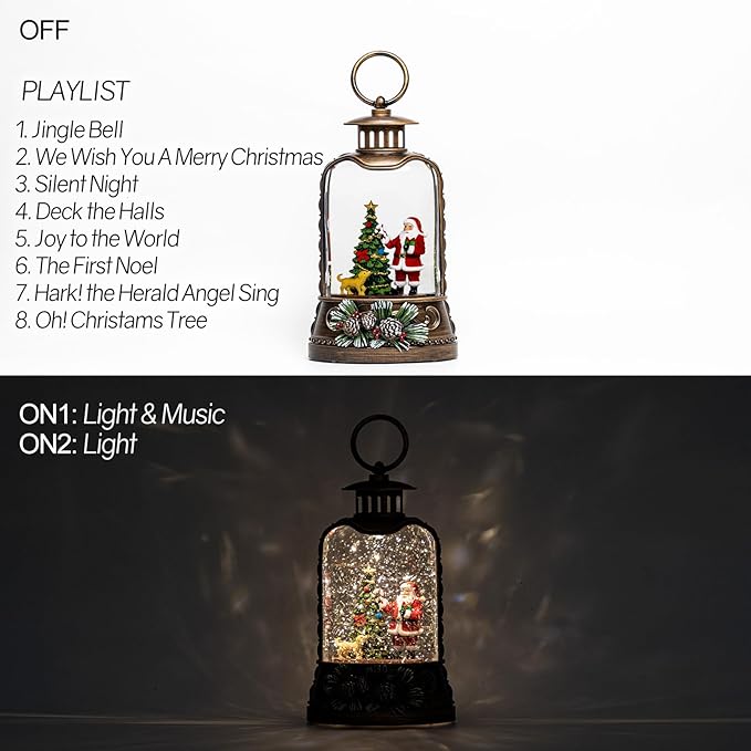 9.6" Christmas Snow Globe Lantern with Santa Claus - Water Swirling Glitter LED Light Musical Lantern with Exterior Decor - Vintage Xmas Gifts - USB Plug or Battery Operated Home Decor (Santa & Dog)