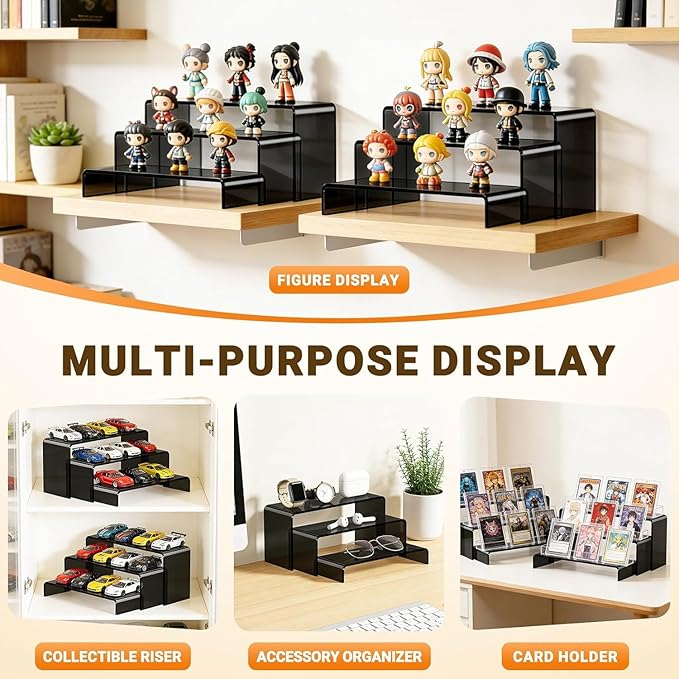FUNFERY Acrylic Display Risers, 2 Set(7.8" L~8.2" L~8.6" L~9”L~9.3”L) Display Shelf for Figure, Collectibles, Cupcake, 5-Tier Clear Acrylic Stands for Dessert, Jewelry, Candy Showcase