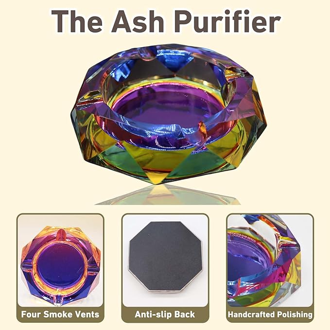 Coomin Crystal Glass Ashtray, Sparkly Cigar Cigarettes Ash Tray, Ashtrays for Smokers Indoor Office Home Desktop Tabletop, Unique Luxury Gifts for Women, Purple