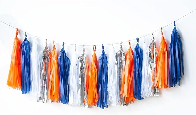 Orange and Blue Tassel Garland Paper Tissue Tassels Garland for Party Decorations, (Blue,Orange,Silver,White,20PCS)
