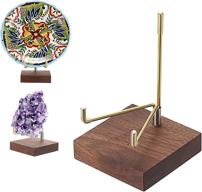 Hipiwe 2Pcs Wooden Base Display Stand Adjustable Metal Arms Display Stand Easel Decorative Plates Display Easel Holder for Crystal Fossil Slice Coral Geodes Rock Mineral Agate,Medium
