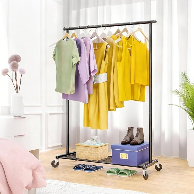 Clothes Rack for Hanging Clothes, 64.25 Inch Clothing Racks with Wheels, Portable Rolling Clothes Garment Rack for Bedroom, Laundry, Living Room, Black