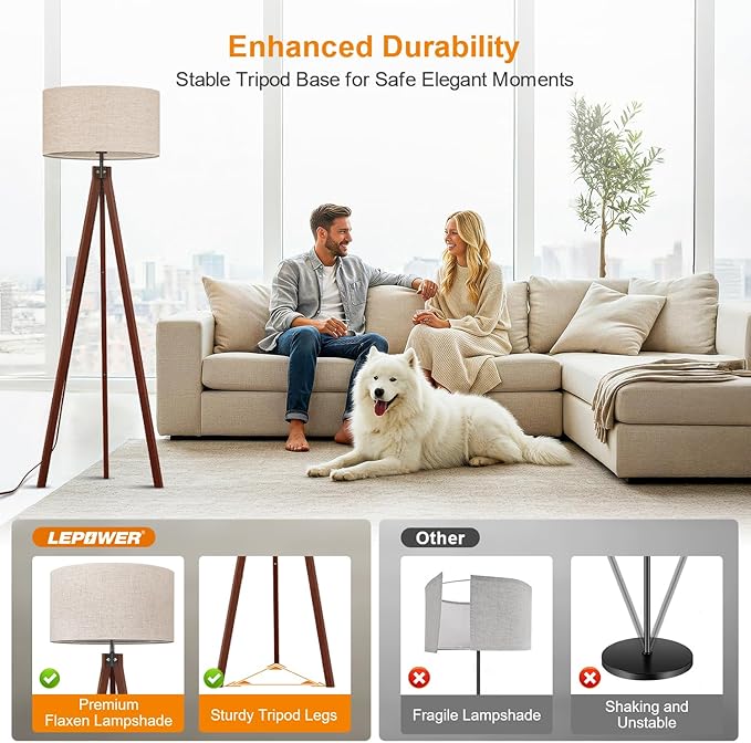 LEPOWER Wood Tripod Floor Lamp, Mid Century Standing Lamp, Modern Design Studying Light for Living Room, Bedroom, Study and Office, Flaxen Linen Shade with E26 Base Brown
