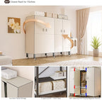 Heavy Duty Portable Closet with Cover Magnetic Doors, Metal Rolling Clothes Rack Heavy Duty 1500LBS, Foldable Clothing Rack, Garment Racks for Bedroom/ LivingRoom/ Rental (KT Off-white, 66.14in)