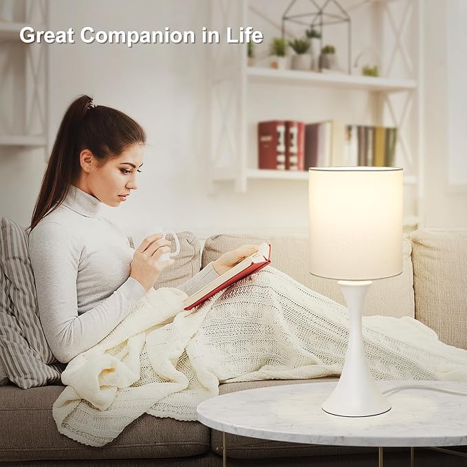 Modern Table Lamps, 3 Way Touch Control Table Lamp, Dimmable Desk Lamp, White Nightstand Lamp with Fabric Shade, Small Bedside Lamp for Living Room, Dorm,Home Office, LED Bulb Included
