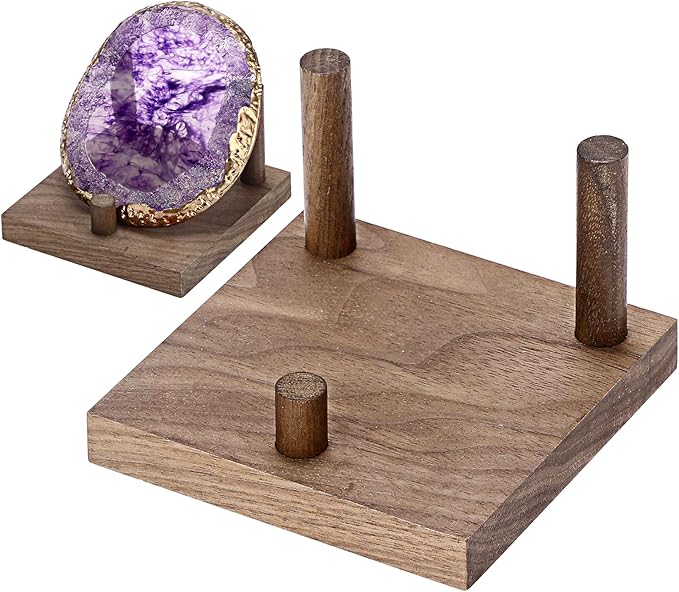 Hipiwe Rock Display Stand Three-Peg Display Easel Stands Walnut Wooden Crystal Rock Holder for Fossil Coral Geodes Rock Mineral Agate, Crystal Display Stand with Square Base, Large
