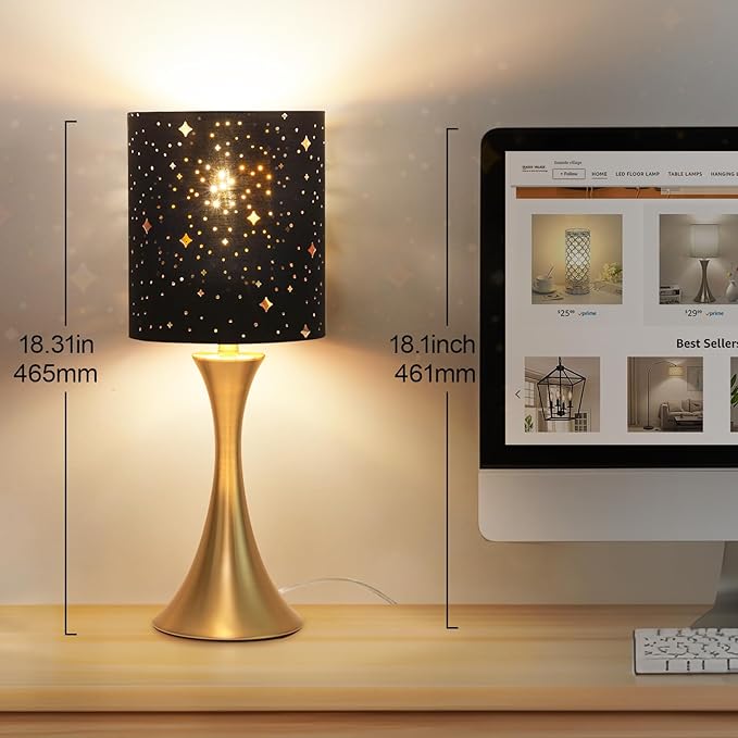 Touch Lamp for Bedroom, 3 Way Dimmable Gold Table Lamp with Black Starry Shade, Decorative Nightstand Lamp Ambient Beside Light for Living Room, Guest Room, Office 3000K LED Bulb Included