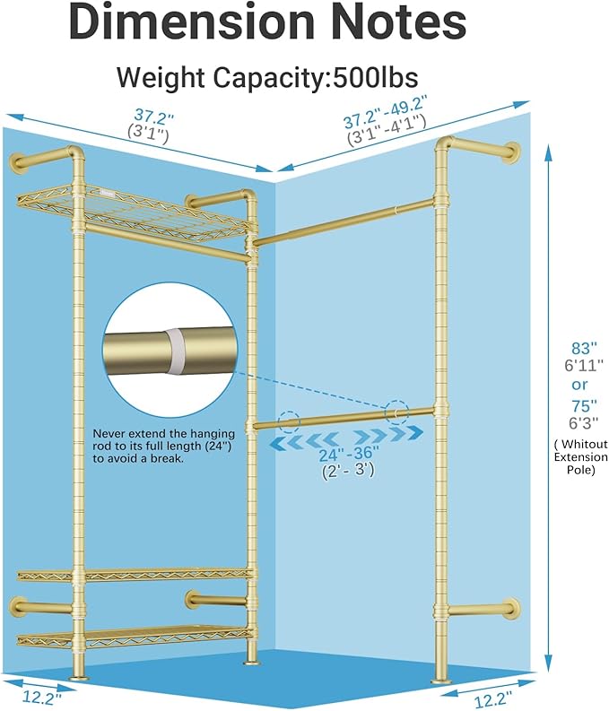 Timate L2 Wall Mounted Clothes Rack Industrial Pipe Clothing Rack for Hanging Clothes, Adjustable Expandable Garment Rack Heavy Duty Closet Organizer, Gold Mounted Closets Industrial Closet System