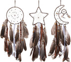 PATIKIL 28" Moon Sun Star Dream Catchers Set, Feather Handmade Dream Catchers Wall Hangings Art Decor for Home Wedding Bedroom Living Room Ornament,Brown