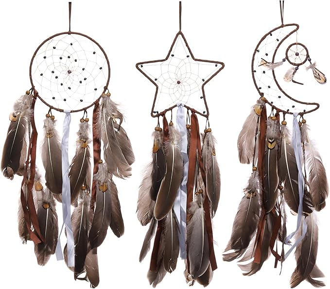 PATIKIL 28" Moon Sun Star Dream Catchers Set, Feather Handmade Dream Catchers Wall Hangings Art Decor for Home Wedding Bedroom Living Room Ornament,Brown