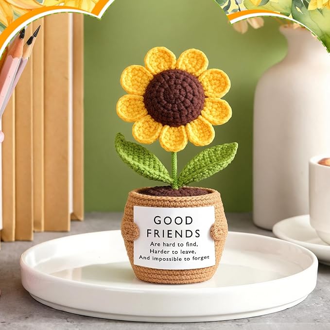 Wavwavw 1 Pcs Friends Gifts for Women, Galentines Graduation Handmade Sunflower Crochet Doll with Positive Card for Female Birthday BFF Bestie Gifts (Good Friends)
