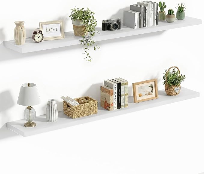 Vivelove 10 in Deep Floating Shelves for Wall, 55" x 10.2" x 1.5" Shelves for Room Wall Mounted, 1.5 Inch Thick Shelf for Bathroom Bedroom Kitchen Book Room, Modern Farmhouse Decor, Set of 2, White
