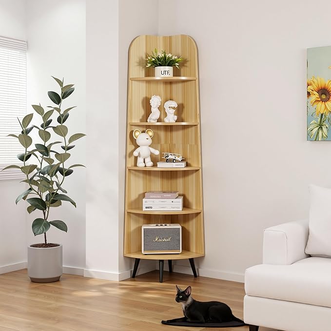 VECELO Large Tall Corner Shelf, 66.93" H 5-Tier Corner Storage Organizer, Freestanding Corner Display Rack for Living Room Bedroom Home Office, Natuarl Wood