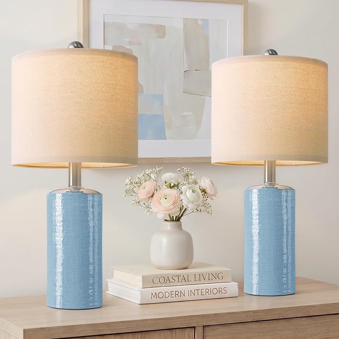 G-SAFAVA 20.5" Small Table Lamps for Living Room Lamp Set of 2 Ceramic Lamps for Bedroom Bedside Lamps Modern Boho Lamps for Night Stands Farmhouse Nightstand Lamp Side End Table Lamp, Light Blue