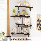Love-KANKEI Corner Shelf Wall Mounted Set of 4, Floating Wall Shelves for Storage, Rustic Wood Hanging Shelves for Bathroom Kitchen Bedroom Living Room Display, Dark Brown