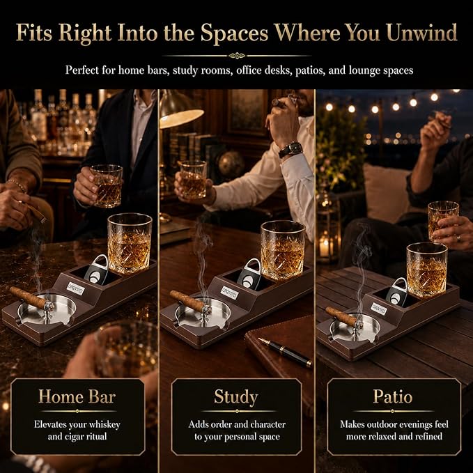 Cigar Ashtray,Wooden Ashtrays with Whiskey Glass Tray -Cigarette Holder,Cigar Accessories Set,cigar Gifts for Men Father's Day,Outdoor Ashtrays for Patio,Ash Trays Indoor Home Decor