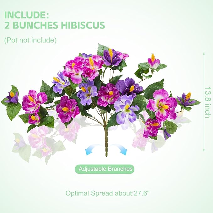 Artificial Flowers for Outdoors Indoors,2 Bunches Fake Hibiscus with Realistic UV Resistant Silk Flower Fabric Leaves,Faux Plants Outside for Patio Garden Yard Poch Decor (Purple,Fuchsia)
