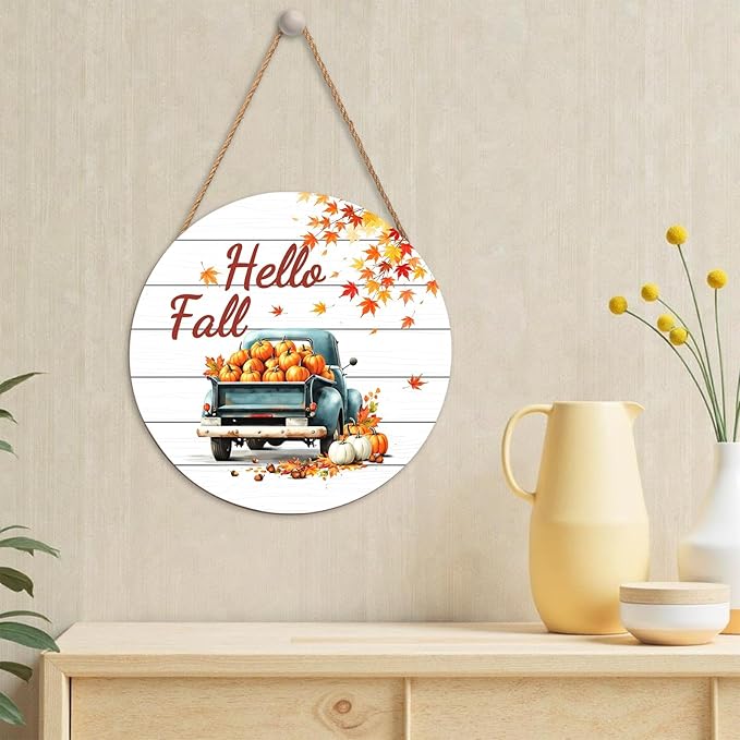 Hello Fall Wreath for Front Door Fall Truck Welcome Door Sign 12x12 Inch Autumn Maple Leaf Pumpkin Wood Door Hanger Farmhouse Thanksgiving Hanging Plaque for Home Porch Wall Indoor Outdoor Decorations