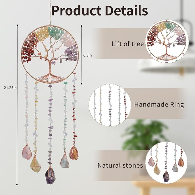 Tree of Life Moon Dreamcatcher - Dreamsum Natural Stones Wind Chimes with Healing Crystal Wall Decor Crystal Dream Catchers Wall Hangings for Room, Garden, Wedding Colorful Hanging Decor Gift