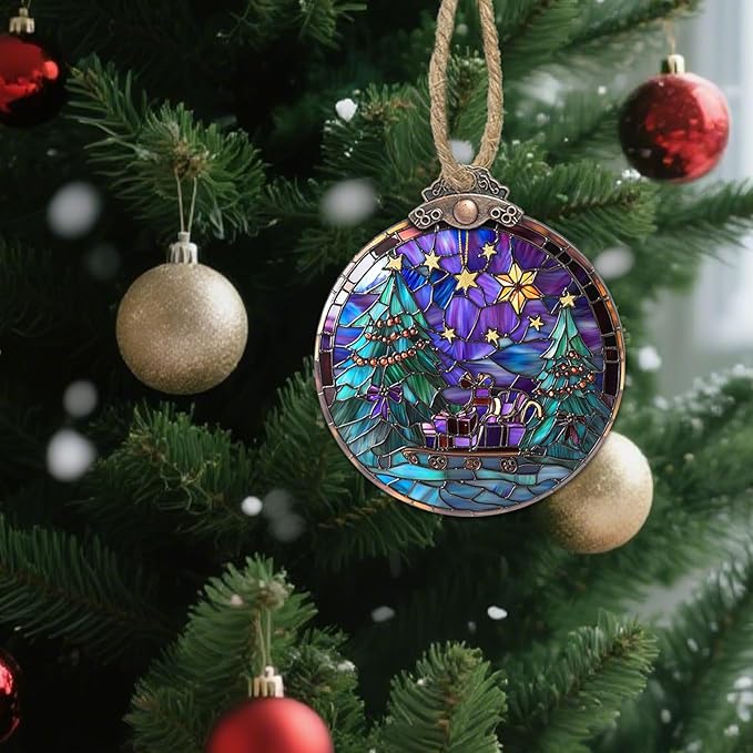 DASTOLL Stained Glass Christmas Decorations, Gold Star Purple Bow Suncatcher for Window Christmas Tree Hanging Ornaments Green Sun Catcher Xmas Decor Gifts for Women Men Mom Nana Friend