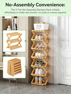 The 9-Tier No-Assembly Bamboo Rack, New Upgrade 9 Tier Bamboo Shoe Rack, Space-Saving Tall Narrow Accordion Shoe Rack for Entryway Closet Dorm (Natural-8)