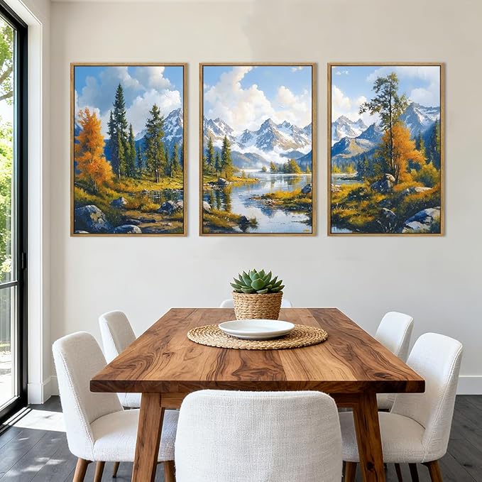 BINCUE Framed Mountain Landscape Wall Art Nature Forest Wall Decor Tree and River Art Print Nature Landscape Artwork Mountain Forest Wall Pictures for Living Room Bedroom Office Farmhouse 16x24 Inches Set of 3 Gift