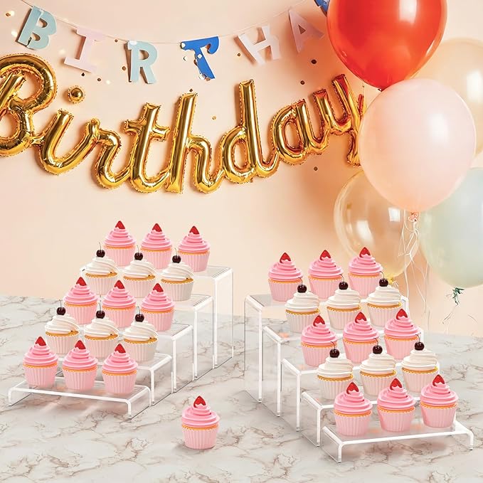 6 Pcs Large Acrylic Display Risers (7" L~8" L), Sturdy Rectangular Dessert Stands, Perfume Shelf Organizer, Clear Riser Stands, Display Shelves for Cupcake, Perfume, Figure, Collection, Decoration.