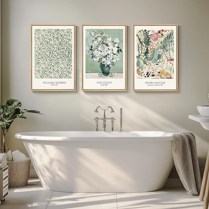 Framed Large Van Gogh Wall Art for Living Room, 3 Pieces Vintage Sage Green Canvas Painting Artwork for Walls, Botanical Wall Art Prints for Bedroom, Guest Room, Hallway, Home Office Wall Decor, 16x24 Inch