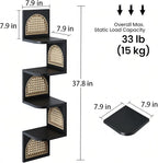 4-Tier Corner Shelves - Zig Zag Rattan Wall Shelf, Black Corner Shelf Wall Mounted, Floating Shelves for Bedroom, Bathroom & Living Room