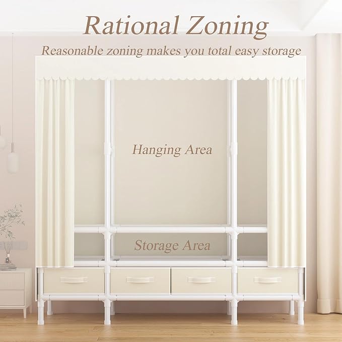 Portable Closet,Garment Rack,Heavy Duty Clothes Rack with Cover,Wardrobe Closet with 1 Hanging Rods, 2 Storage Shelves and 3 Drawers,43.3" L x 17.7" W x 67.7" H,Pale Yellow