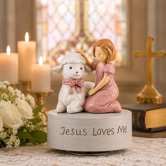 AIDLNS Jesus Loves Me Music Box, Christian Baptism Gift for Girls, Hand-Painted Lamb Figurine, Religious Keepsake for Christening, First Communion, Easter, Christmas, Granddaughter & Goddaughter Gift