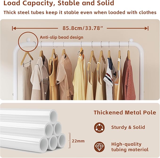 JIUYOTREE Standard Clothes Clothing Garment Rack with Storage Shelves Clothes Organizer for Hanging Clothes Coat Jacket Shirt Sweater Jeans White
