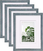 Egofine 9x12 Picture Frames Set of 4, Made of Solid Wood Covered by Plexiglass 5x7 and 6x8 with Mat or 9x12 whitout Mat, for Table Top Display and Wall Mounting Photo Frame Rustic Blue