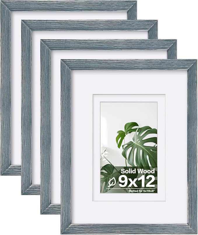 Egofine 9x12 Picture Frames Set of 4, Made of Solid Wood Covered by Plexiglass 5x7 and 6x8 with Mat or 9x12 whitout Mat, for Table Top Display and Wall Mounting Photo Frame Rustic Blue