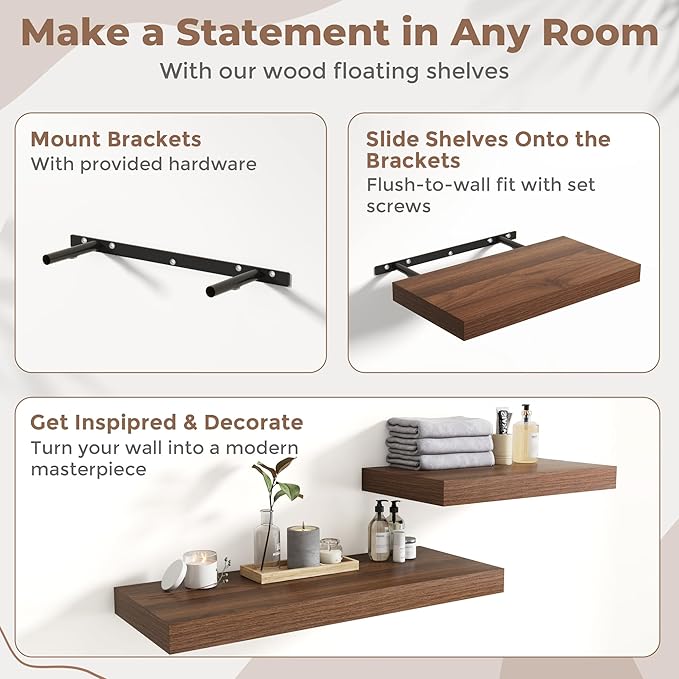 24 Inch Floating Shelves for Wall Set of 2, 12"D Wood Grain Bathroom Shelves with Invisible Brackets, Easy Install Engineered Wood Storage Shelves for Kitchen, Living Room, Bedroom, Walnut Finish