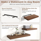 16 Inch Floating Shelves for Wall Set of 2, 12"D Wood Grain Bathroom Shelves with Invisible Brackets, Easy Install Engineered Wood Storage Shelves for Kitchen, Living Room, Bedroom, Walnut Finish