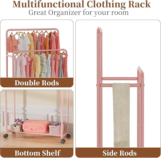 Simple Trending Clothing Clothes Rack Double Rods with Wheels, Rolling Metal Garment Rack for Hanging, Pink