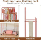 Simple Trending Clothing Clothes Rack Double Rods with Wheels, Rolling Metal Garment Rack for Hanging, Pink