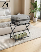 Luggage Rack with Storage Shelf, Foldable Suitcase Stand, Heavy Duty Metal Luggage Holder, 150 lbs Top Capacity, 50 lbs Bottom Shelf, for Guest Room, Bedroom, Hotel LR-BK-1